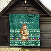 Philippines Christmas Quilt with Green Geometric Design, Santa in Barong Tagalog, and National Coat of Arms Motif - Wonder Print Shop