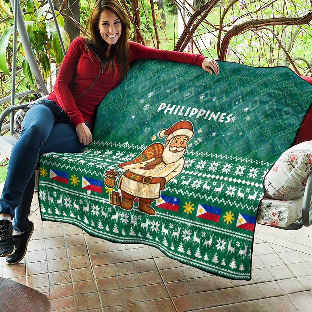 Philippines Christmas Quilt with Green Geometric Design, Santa in Barong Tagalog, and National Coat of Arms Motif - Wonder Print Shop