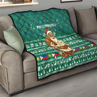 Philippines Christmas Quilt with Green Geometric Design, Santa in Barong Tagalog, and National Coat of Arms Motif - Wonder Print Shop