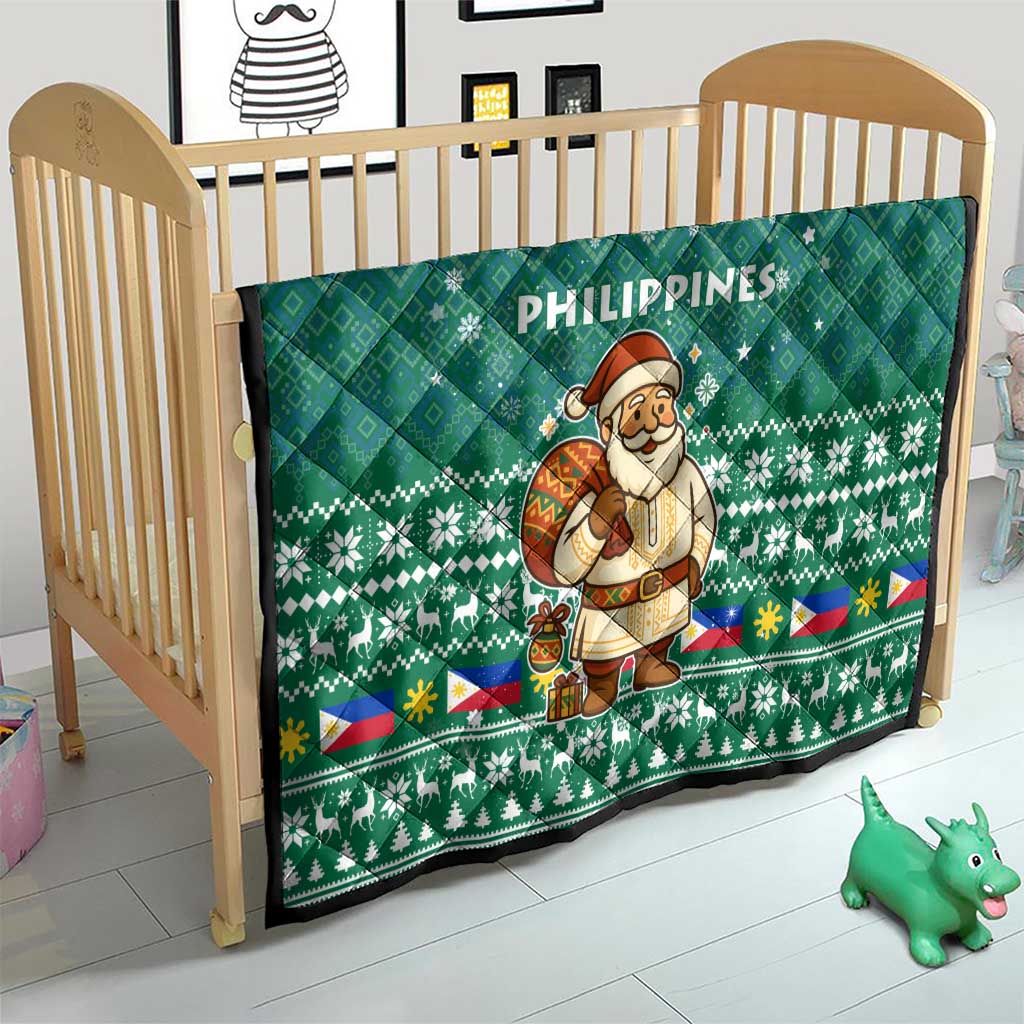 Philippines Christmas Quilt with Green Geometric Design, Santa in Barong Tagalog, and National Coat of Arms Motif - Wonder Print Shop