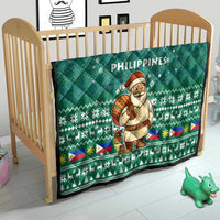 Philippines Christmas Quilt with Green Geometric Design, Santa in Barong Tagalog, and National Coat of Arms Motif - Wonder Print Shop