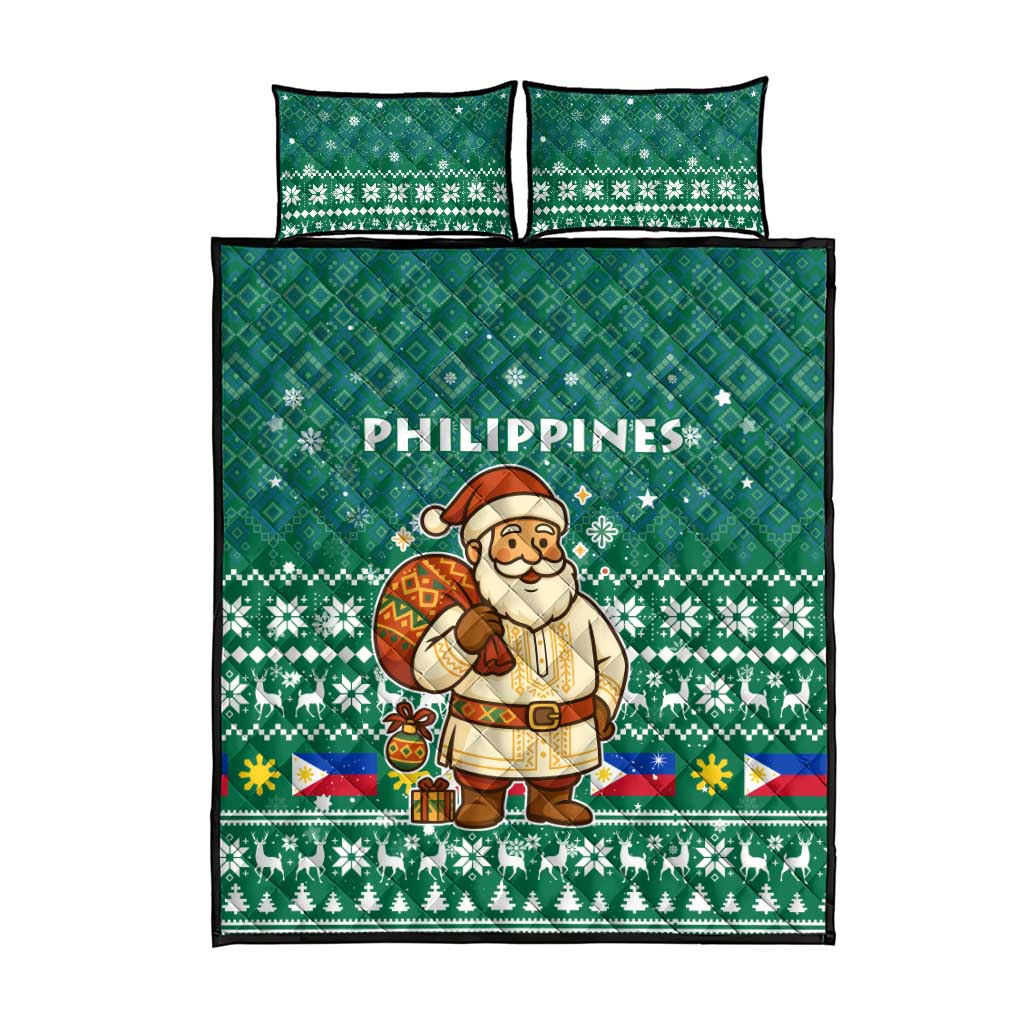 Philippines Christmas Quilt Bed Set with Green Geometric Design, Santa in Barong Tagalog, and National Coat of Arms Motif - Wonder Print Shop