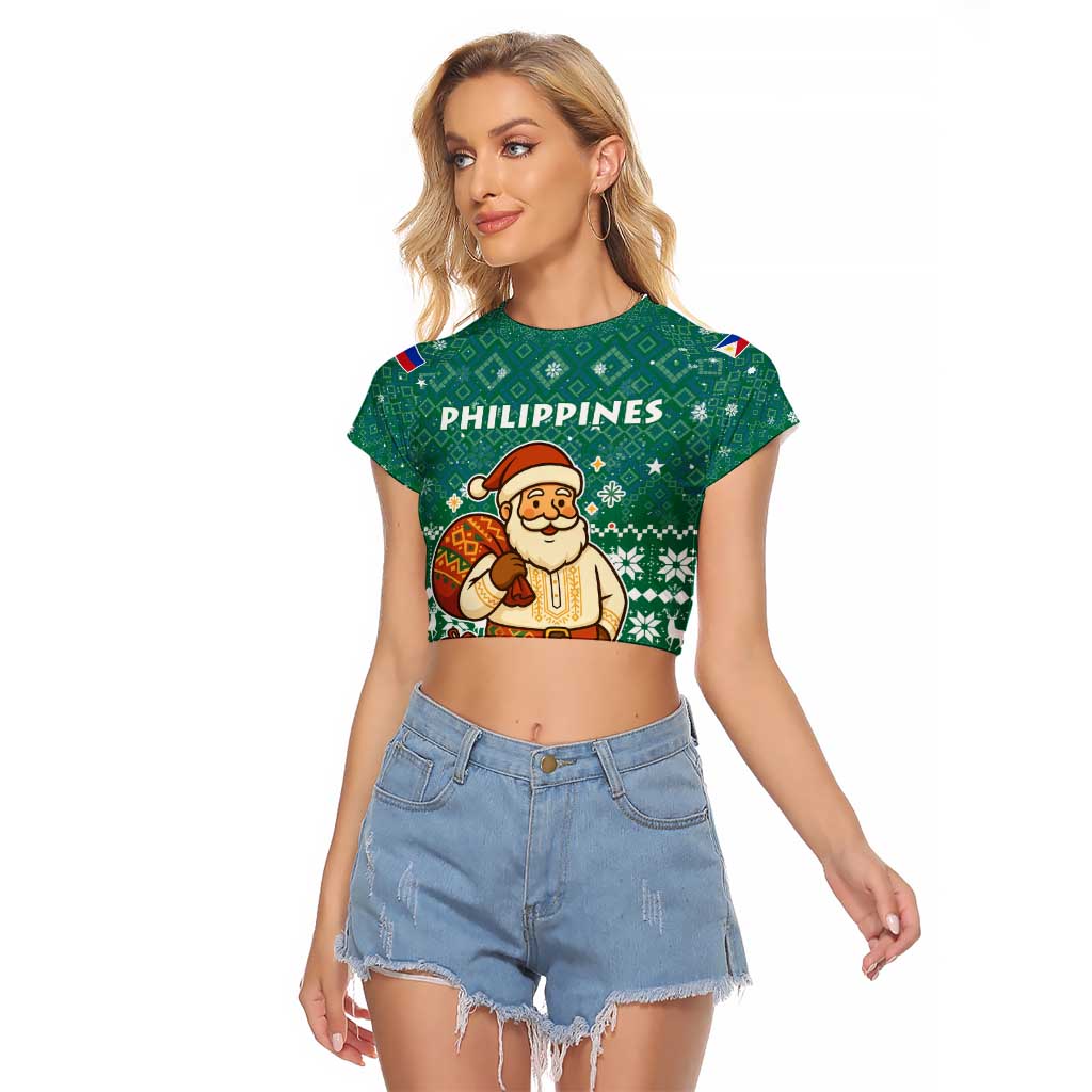 Philippines Christmas Raglan Cropped T Shirt with Green Geometric Design, Santa in Barong Tagalog, and National Coat of Arms Motif - Wonder Print Shop