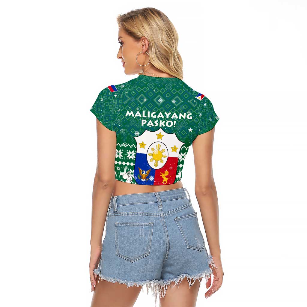 Philippines Christmas Raglan Cropped T Shirt with Green Geometric Design, Santa in Barong Tagalog, and National Coat of Arms Motif - Wonder Print Shop