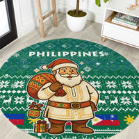 Philippines Christmas Round Carpet with Green Geometric Design, Santa in Barong Tagalog, and National Coat of Arms Motif - Wonder Print Shop