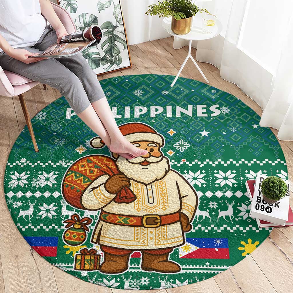 Philippines Christmas Round Carpet with Green Geometric Design, Santa in Barong Tagalog, and National Coat of Arms Motif - Wonder Print Shop