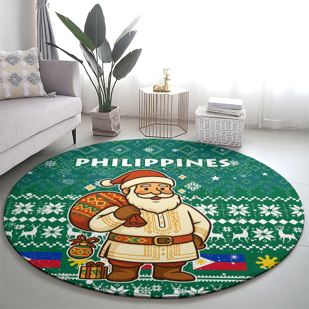 Philippines Christmas Round Carpet with Green Geometric Design, Santa in Barong Tagalog, and National Coat of Arms Motif - Wonder Print Shop