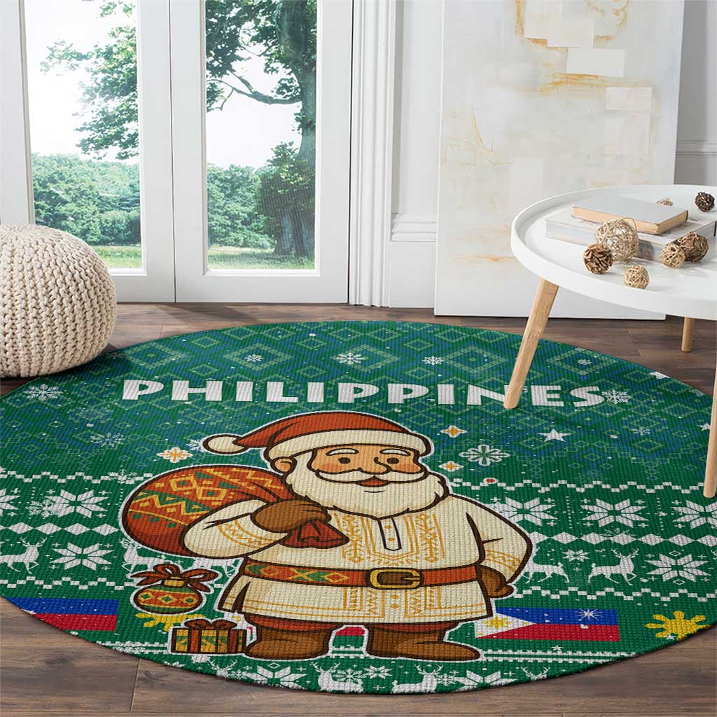 Philippines Christmas Round Carpet with Green Geometric Design, Santa in Barong Tagalog, and National Coat of Arms Motif - Wonder Print Shop