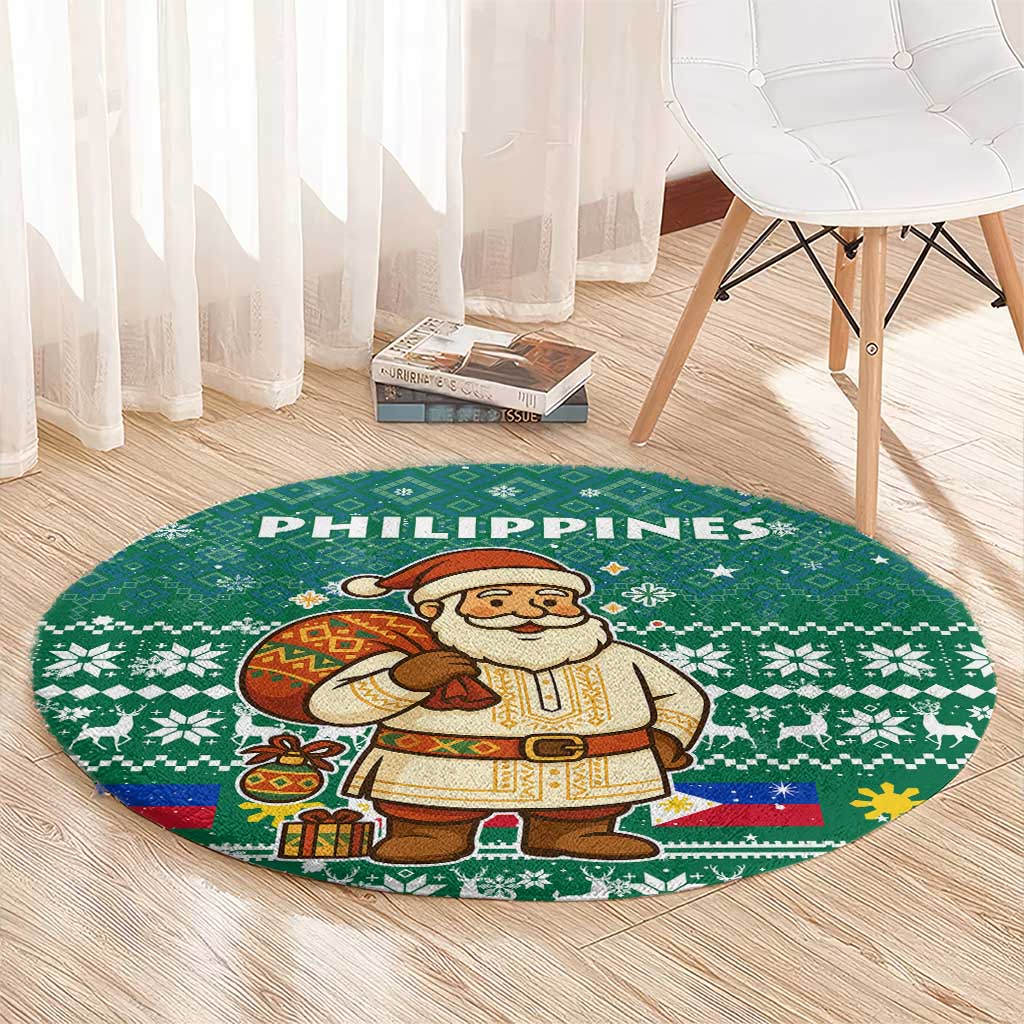 Philippines Christmas Round Carpet with Green Geometric Design, Santa in Barong Tagalog, and National Coat of Arms Motif - Wonder Print Shop