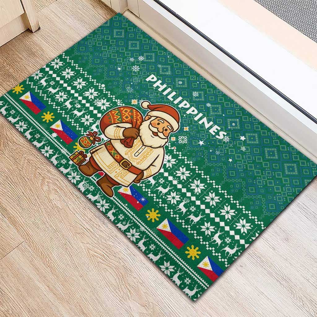 Philippines Christmas Rubber Doormat with Green Geometric Design, Santa in Barong Tagalog, and National Coat of Arms Motif - Wonder Print Shop