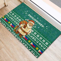 Philippines Christmas Rubber Doormat with Green Geometric Design, Santa in Barong Tagalog, and National Coat of Arms Motif - Wonder Print Shop