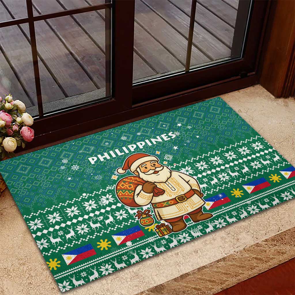 Philippines Christmas Rubber Doormat with Green Geometric Design, Santa in Barong Tagalog, and National Coat of Arms Motif - Wonder Print Shop