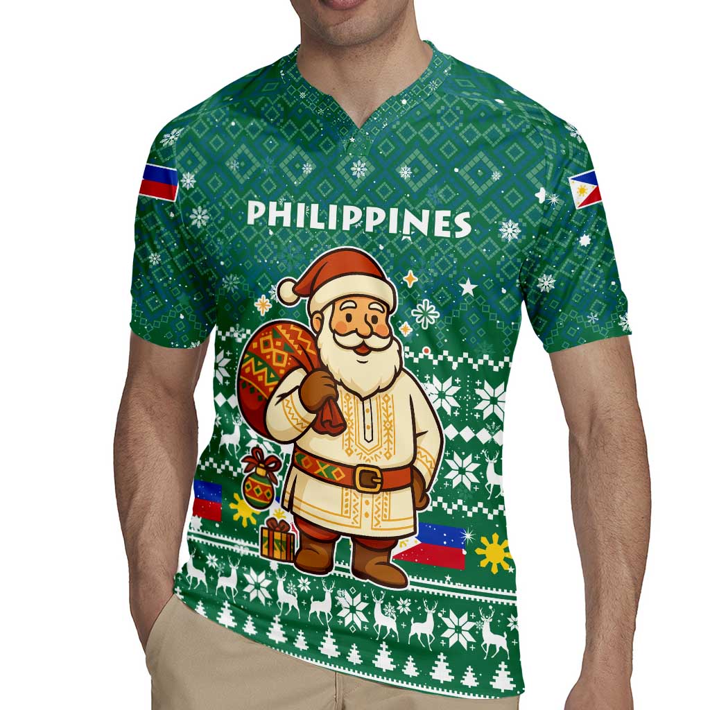 Philippines Christmas Rugby Jersey with Green Geometric Design, Santa in Barong Tagalog, and National Coat of Arms Motif - Wonder Print Shop