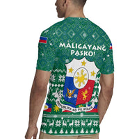 Philippines Christmas Rugby Jersey with Green Geometric Design, Santa in Barong Tagalog, and National Coat of Arms Motif - Wonder Print Shop
