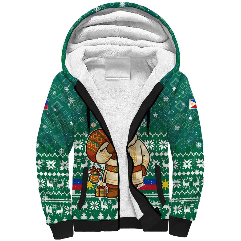 Philippines Christmas Sherpa Hoodie with Green Geometric Design, Santa in Barong Tagalog, and National Coat of Arms Motif - Wonder Print Shop
