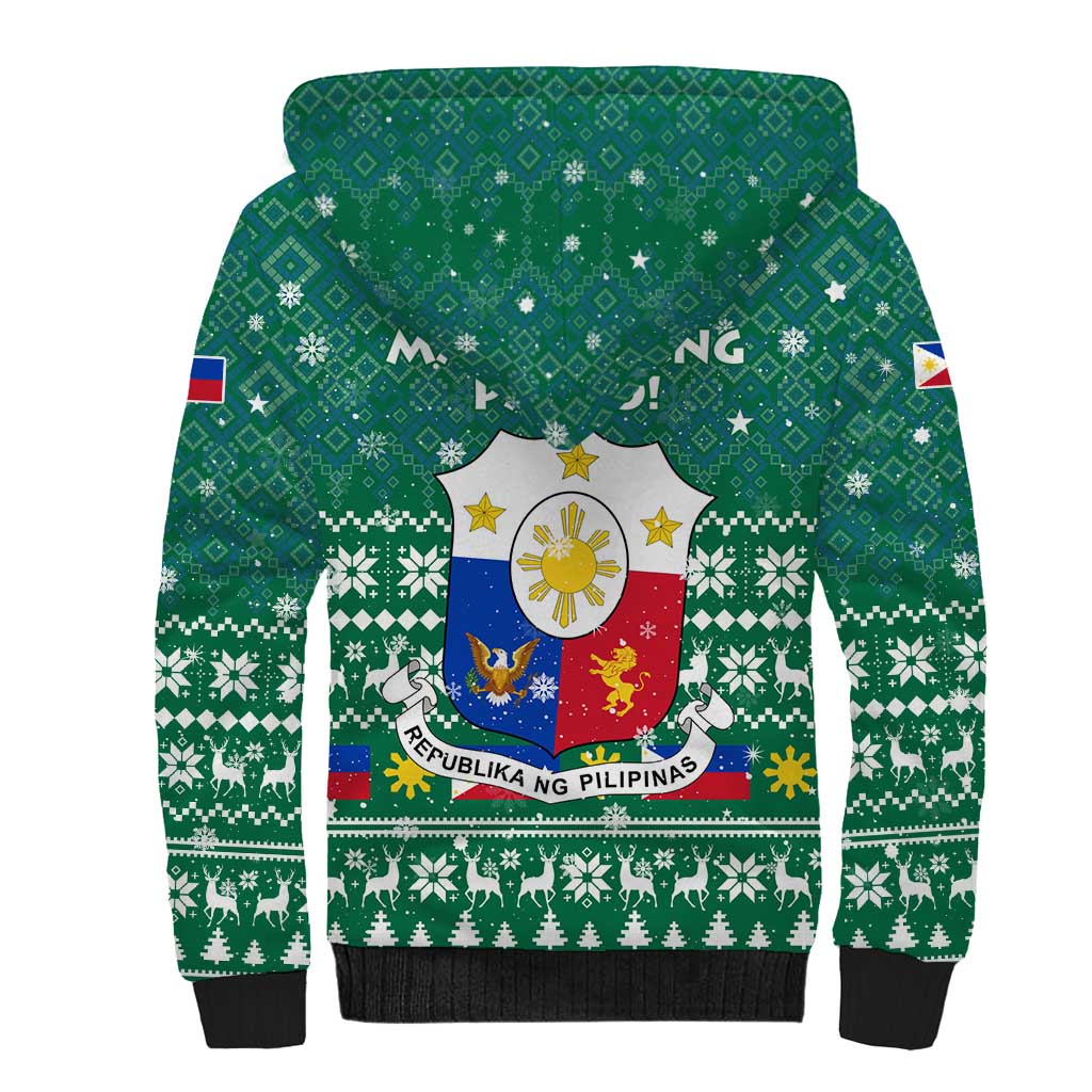 Philippines Christmas Sherpa Hoodie with Green Geometric Design, Santa in Barong Tagalog, and National Coat of Arms Motif - Wonder Print Shop