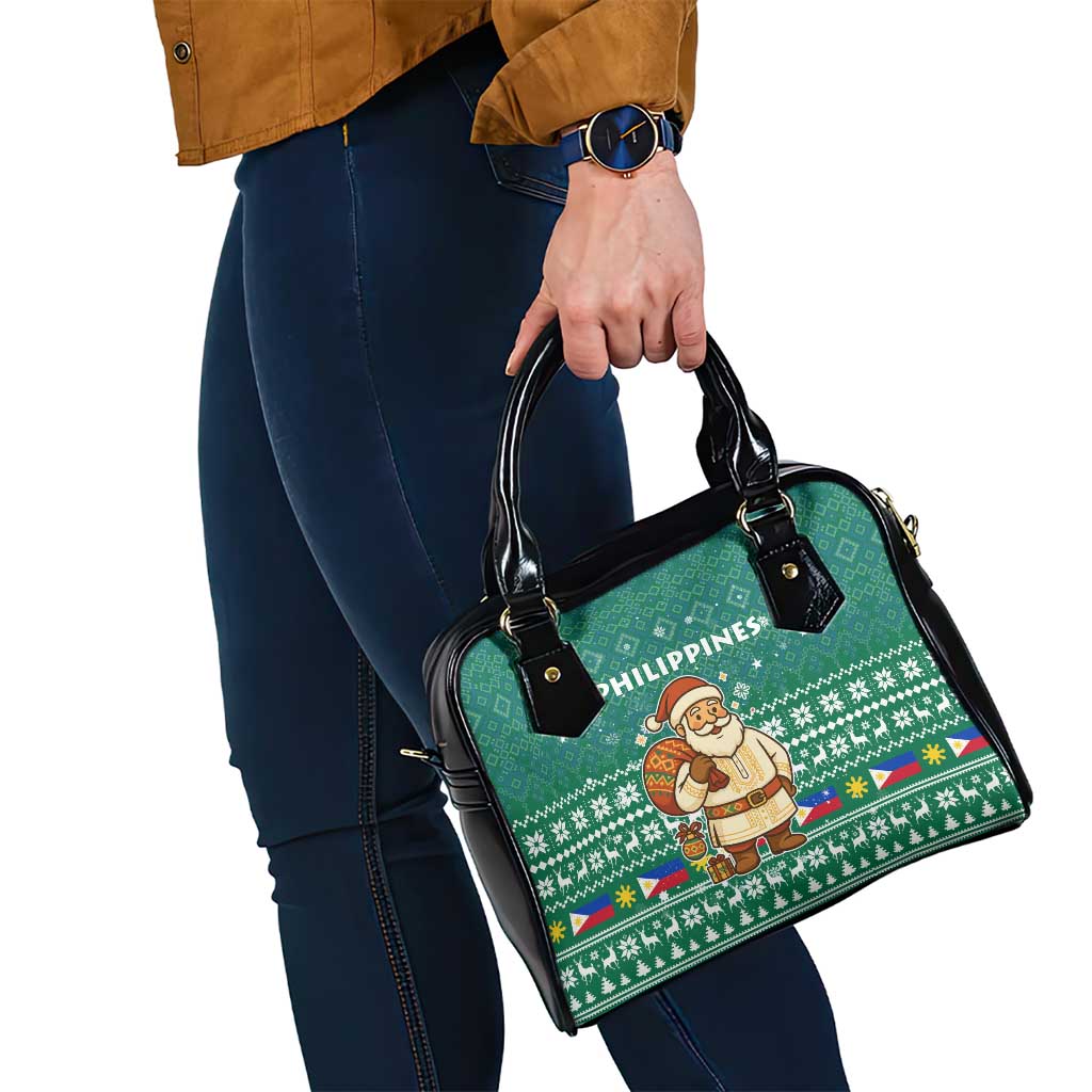 Philippines Christmas Shoulder Handbag with Green Geometric Design, Santa in Barong Tagalog, and National Coat of Arms Motif - Wonder Print Shop