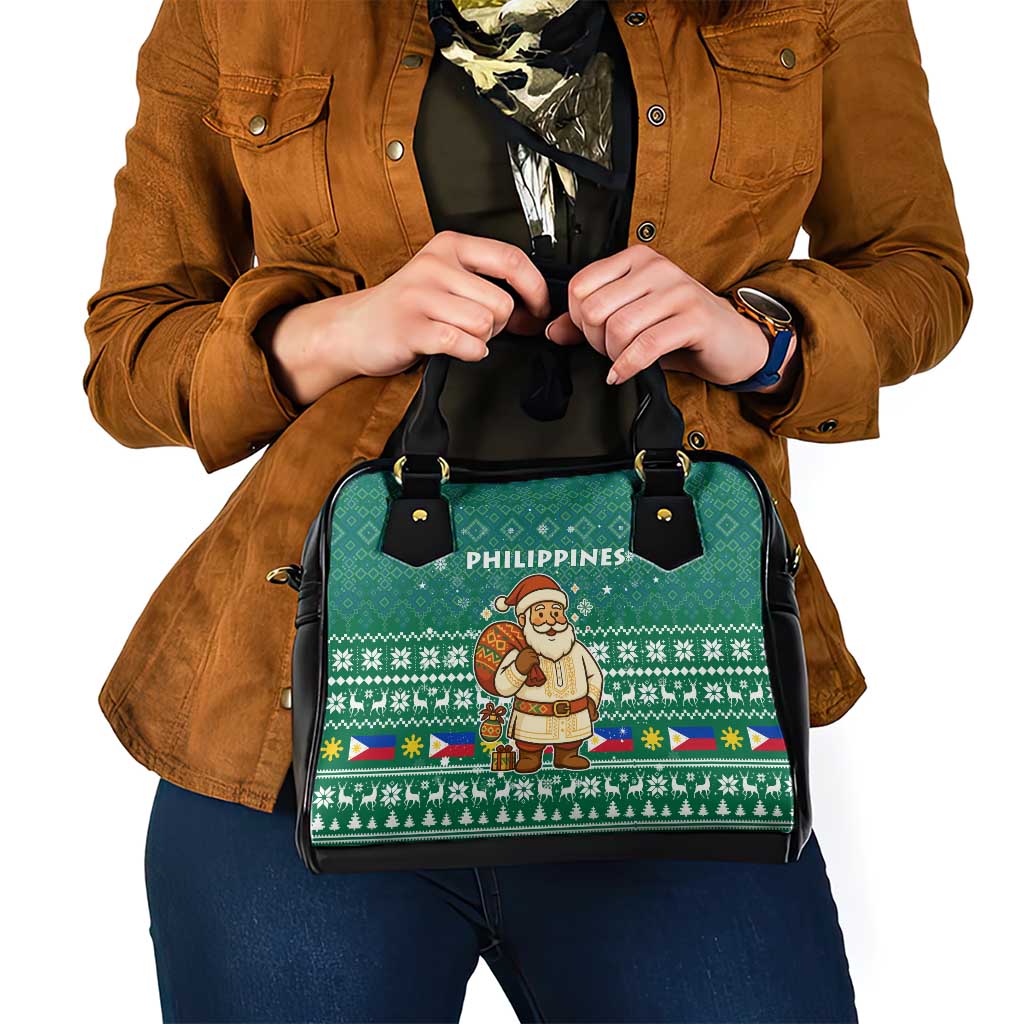 Philippines Christmas Shoulder Handbag with Green Geometric Design, Santa in Barong Tagalog, and National Coat of Arms Motif - Wonder Print Shop