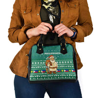 Philippines Christmas Shoulder Handbag with Green Geometric Design, Santa in Barong Tagalog, and National Coat of Arms Motif - Wonder Print Shop