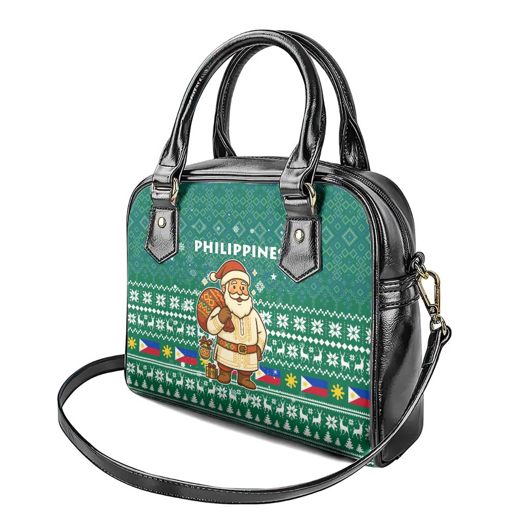 Philippines Christmas Shoulder Handbag with Green Geometric Design, Santa in Barong Tagalog, and National Coat of Arms Motif - Wonder Print Shop