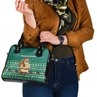 Philippines Christmas Shoulder Handbag with Green Geometric Design, Santa in Barong Tagalog, and National Coat of Arms Motif - Wonder Print Shop