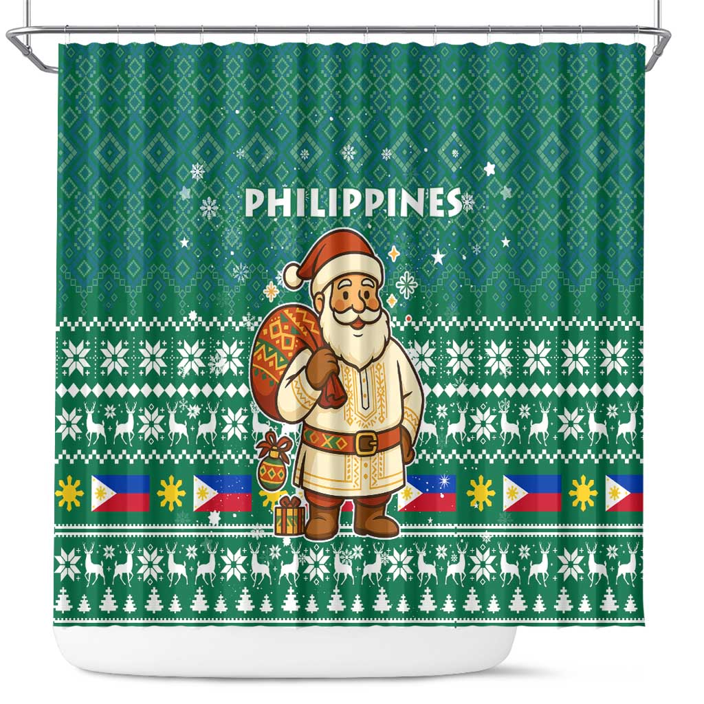 Philippines Christmas Shower Curtain with Green Geometric Design, Santa in Barong Tagalog, and National Coat of Arms Motif - Wonder Print Shop