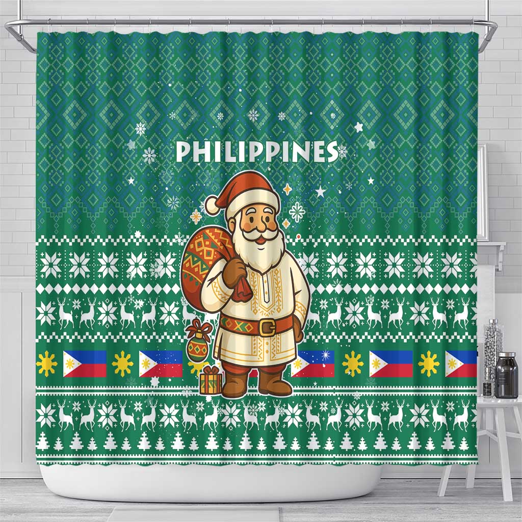 Philippines Christmas Shower Curtain with Green Geometric Design, Santa in Barong Tagalog, and National Coat of Arms Motif - Wonder Print Shop