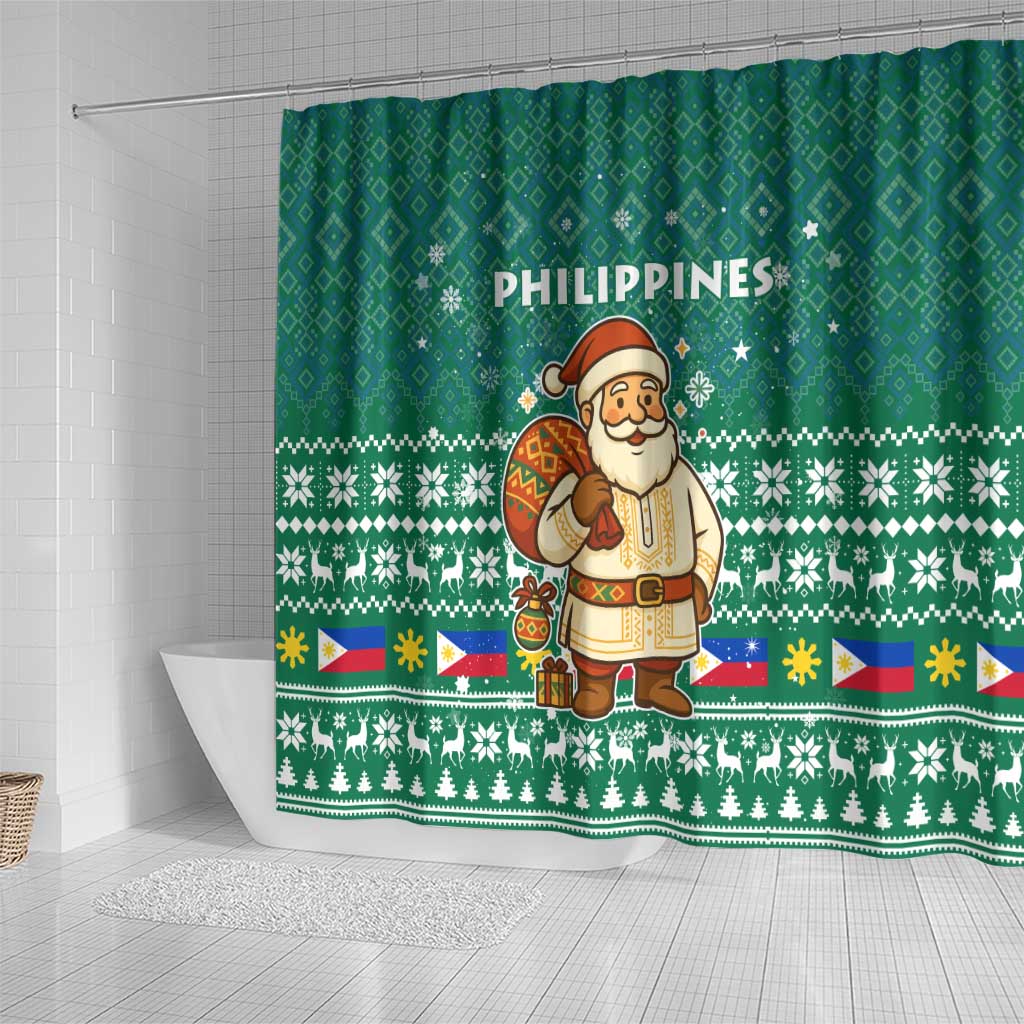 Philippines Christmas Shower Curtain with Green Geometric Design, Santa in Barong Tagalog, and National Coat of Arms Motif - Wonder Print Shop