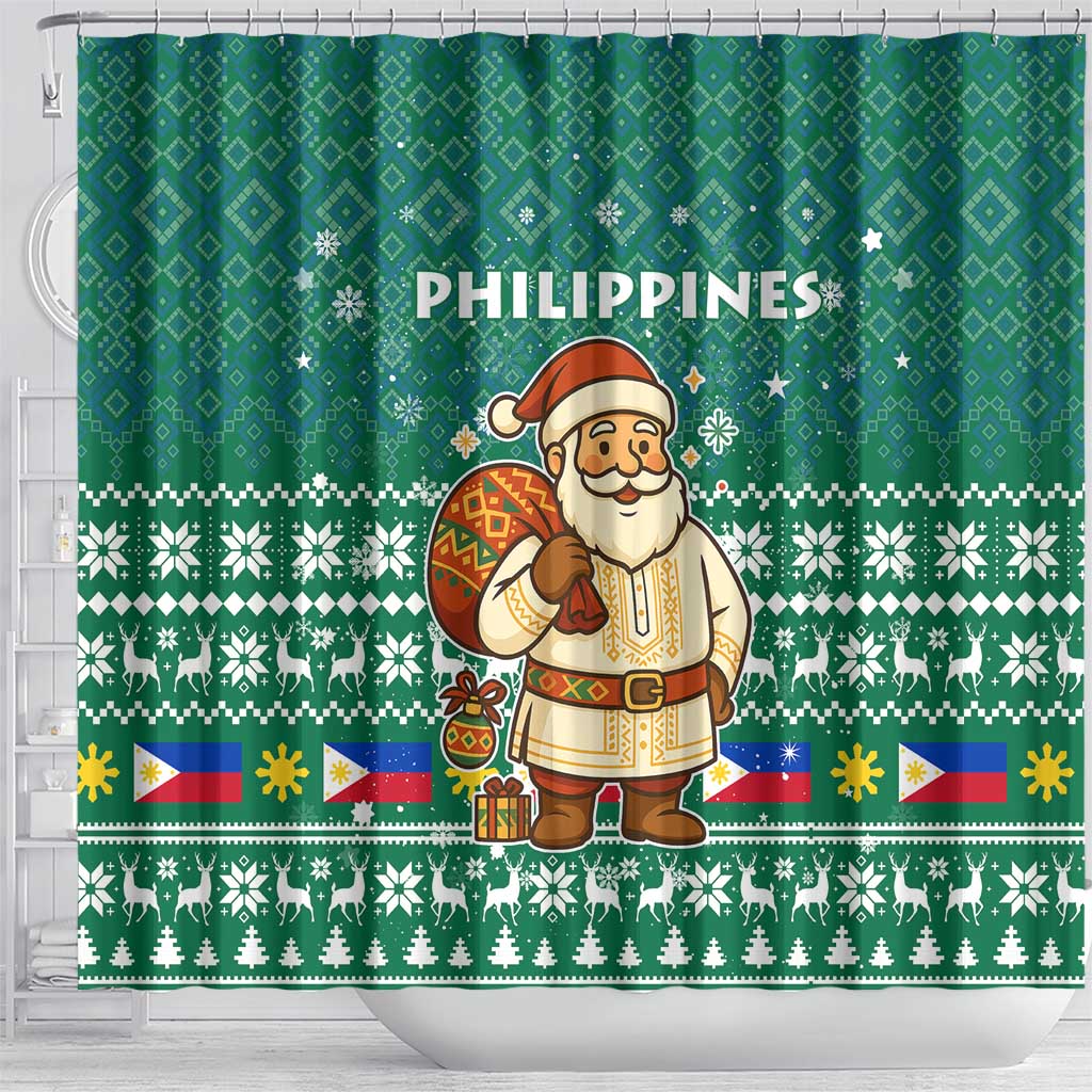 Philippines Christmas Shower Curtain with Green Geometric Design, Santa in Barong Tagalog, and National Coat of Arms Motif - Wonder Print Shop