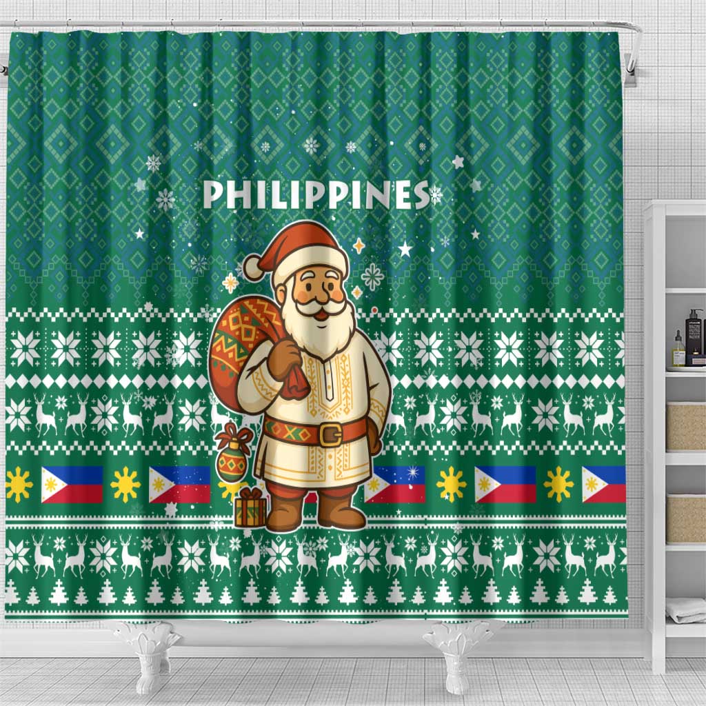 Philippines Christmas Shower Curtain with Green Geometric Design, Santa in Barong Tagalog, and National Coat of Arms Motif - Wonder Print Shop