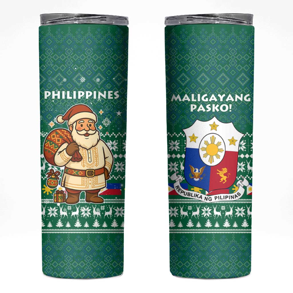 Philippines Christmas Skinny Tumbler with Green Geometric Design, Santa in Barong Tagalog, and National Coat of Arms Motif - Wonder Print Shop