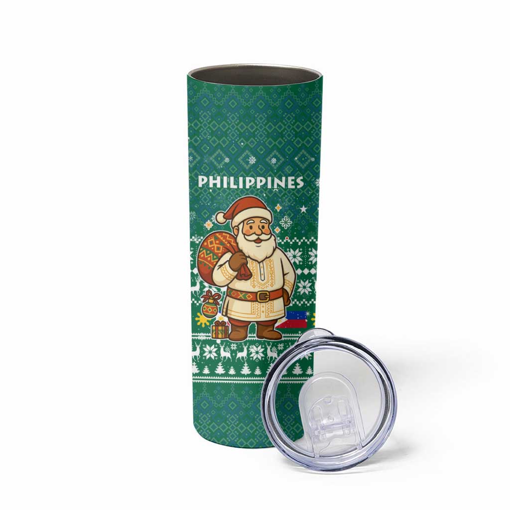 Philippines Christmas Skinny Tumbler with Green Geometric Design, Santa in Barong Tagalog, and National Coat of Arms Motif - Wonder Print Shop
