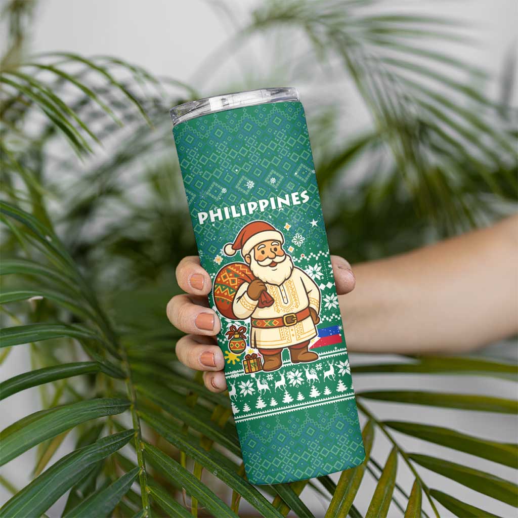 Philippines Christmas Skinny Tumbler with Green Geometric Design, Santa in Barong Tagalog, and National Coat of Arms Motif - Wonder Print Shop