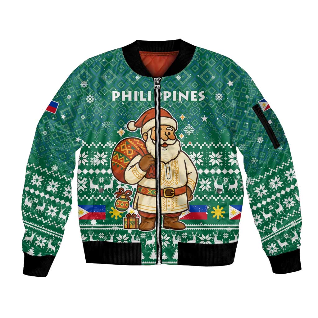 Philippines Christmas Sleeve Zip Bomber Jacket with Green Geometric Design, Santa in Barong Tagalog, and National Coat of Arms Motif - Wonder Print Shop