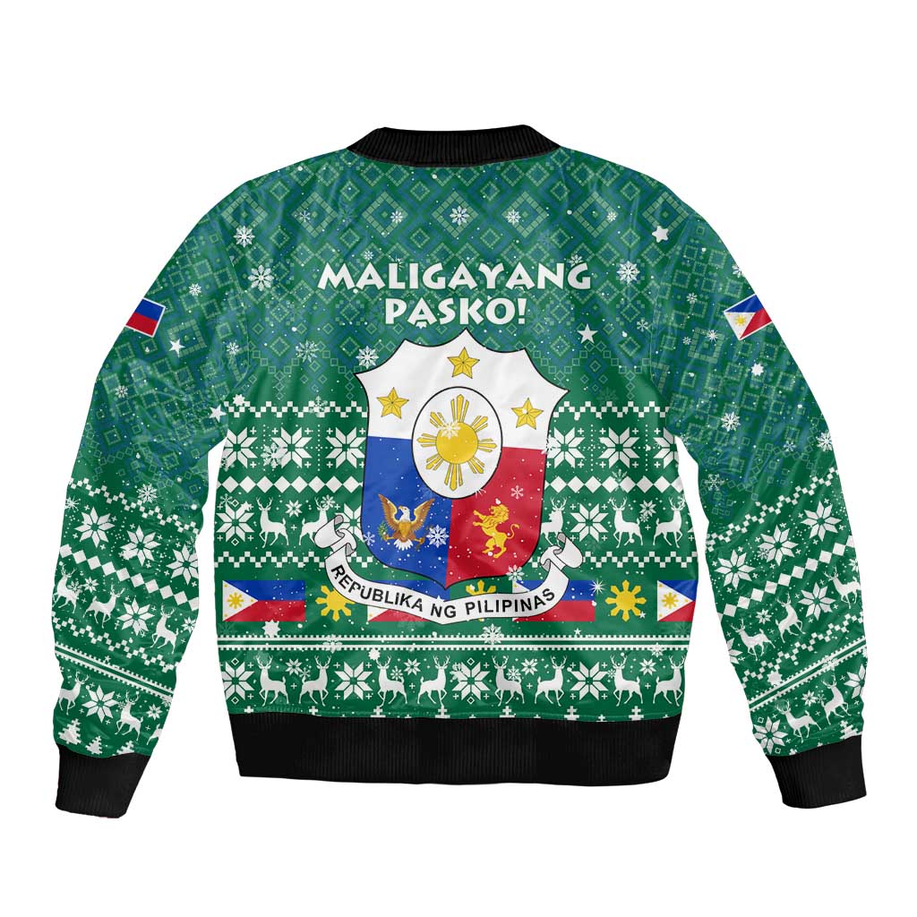 Philippines Christmas Sleeve Zip Bomber Jacket with Green Geometric Design, Santa in Barong Tagalog, and National Coat of Arms Motif - Wonder Print Shop
