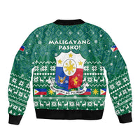 Philippines Christmas Sleeve Zip Bomber Jacket with Green Geometric Design, Santa in Barong Tagalog, and National Coat of Arms Motif - Wonder Print Shop