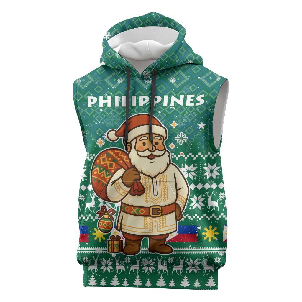 Philippines Christmas Sleeveless Hoodie with Green Geometric Design, Santa in Barong Tagalog, and National Coat of Arms Motif - Wonder Print Shop