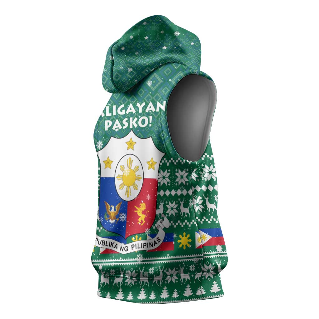 Philippines Christmas Sleeveless Hoodie with Green Geometric Design, Santa in Barong Tagalog, and National Coat of Arms Motif - Wonder Print Shop