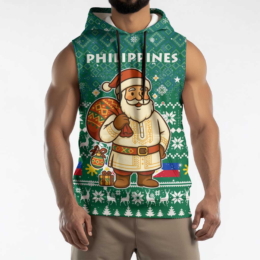 Philippines Christmas Sleeveless Hoodie with Green Geometric Design, Santa in Barong Tagalog, and National Coat of Arms Motif - Wonder Print Shop