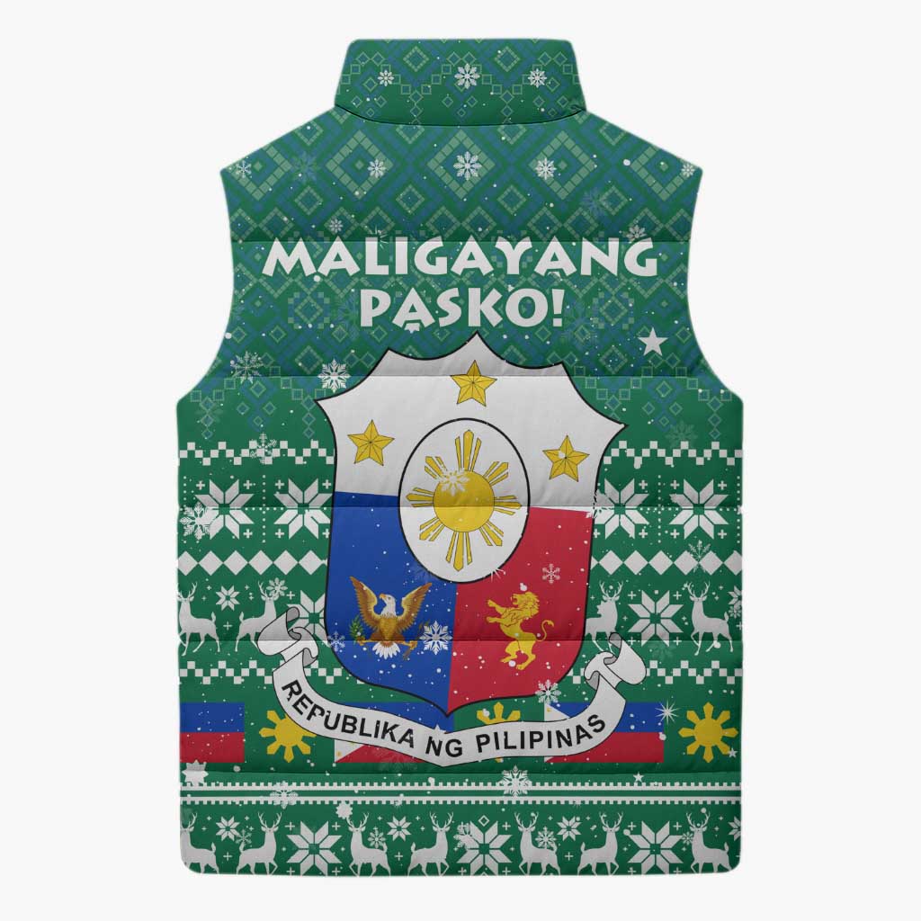 Philippines Christmas Sleeveless Puffer Jacket with Green Geometric Design, Santa in Barong Tagalog, and National Coat of Arms Motif - Wonder Print Shop