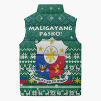 Philippines Christmas Sleeveless Puffer Jacket with Green Geometric Design, Santa in Barong Tagalog, and National Coat of Arms Motif - Wonder Print Shop