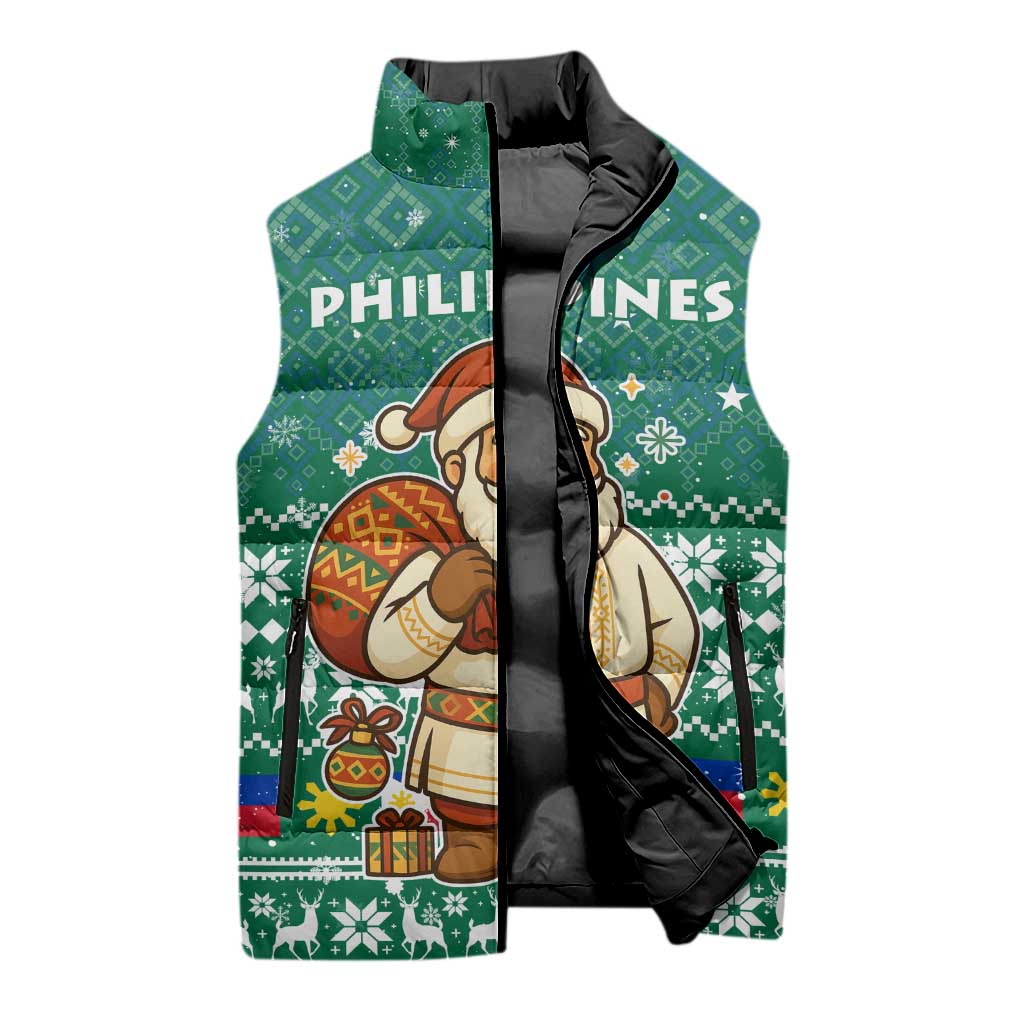 Philippines Christmas Sleeveless Puffer Jacket with Green Geometric Design, Santa in Barong Tagalog, and National Coat of Arms Motif - Wonder Print Shop