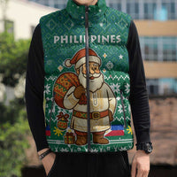 Philippines Christmas Sleeveless Puffer Jacket with Green Geometric Design, Santa in Barong Tagalog, and National Coat of Arms Motif - Wonder Print Shop