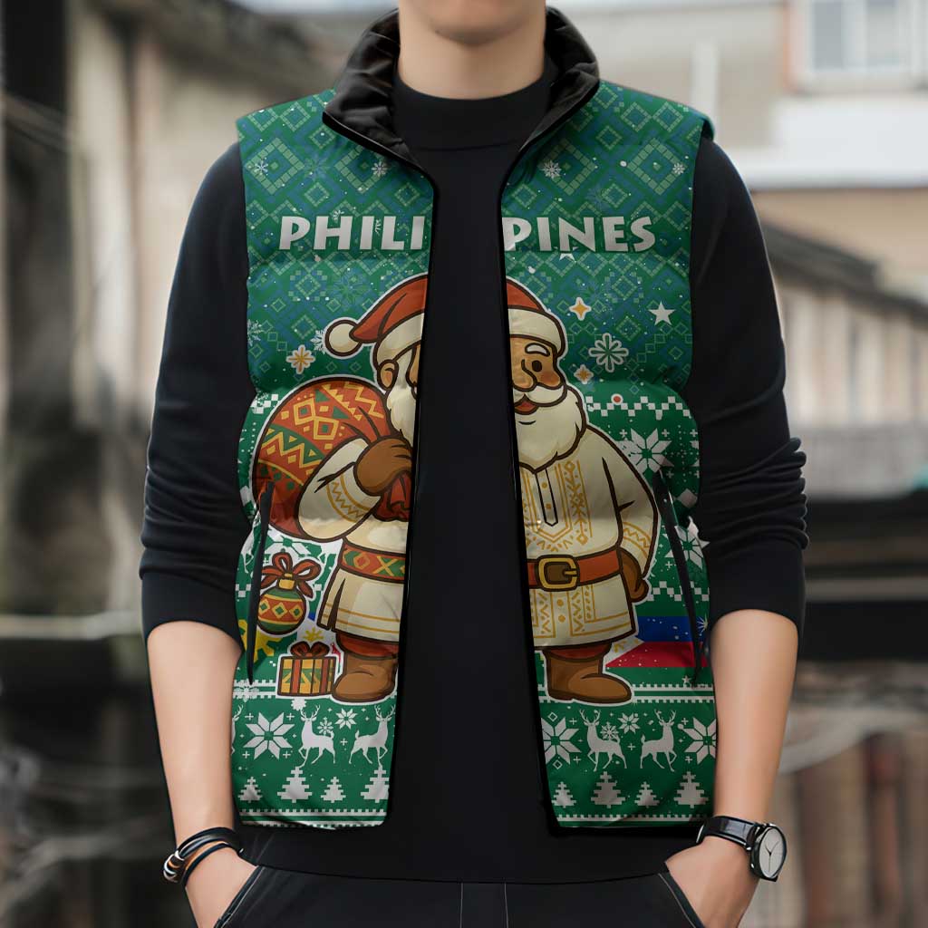 Philippines Christmas Sleeveless Puffer Jacket with Green Geometric Design, Santa in Barong Tagalog, and National Coat of Arms Motif - Wonder Print Shop