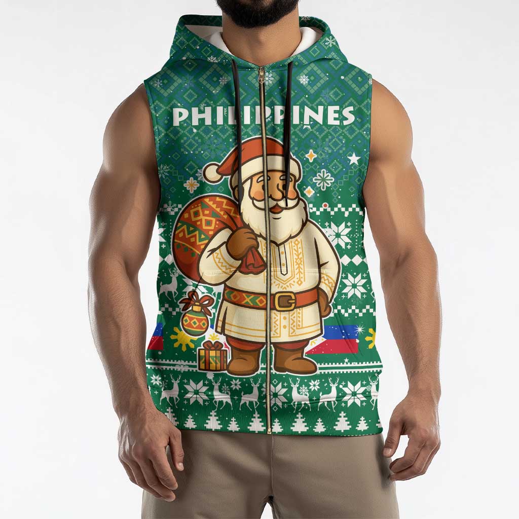 Philippines Christmas Sleeveless Zip Hoodie with Green Geometric Design, Santa in Barong Tagalog, and National Coat of Arms Motif - Wonder Print Shop