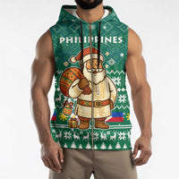 Philippines Christmas Sleeveless Zip Hoodie with Green Geometric Design, Santa in Barong Tagalog, and National Coat of Arms Motif - Wonder Print Shop