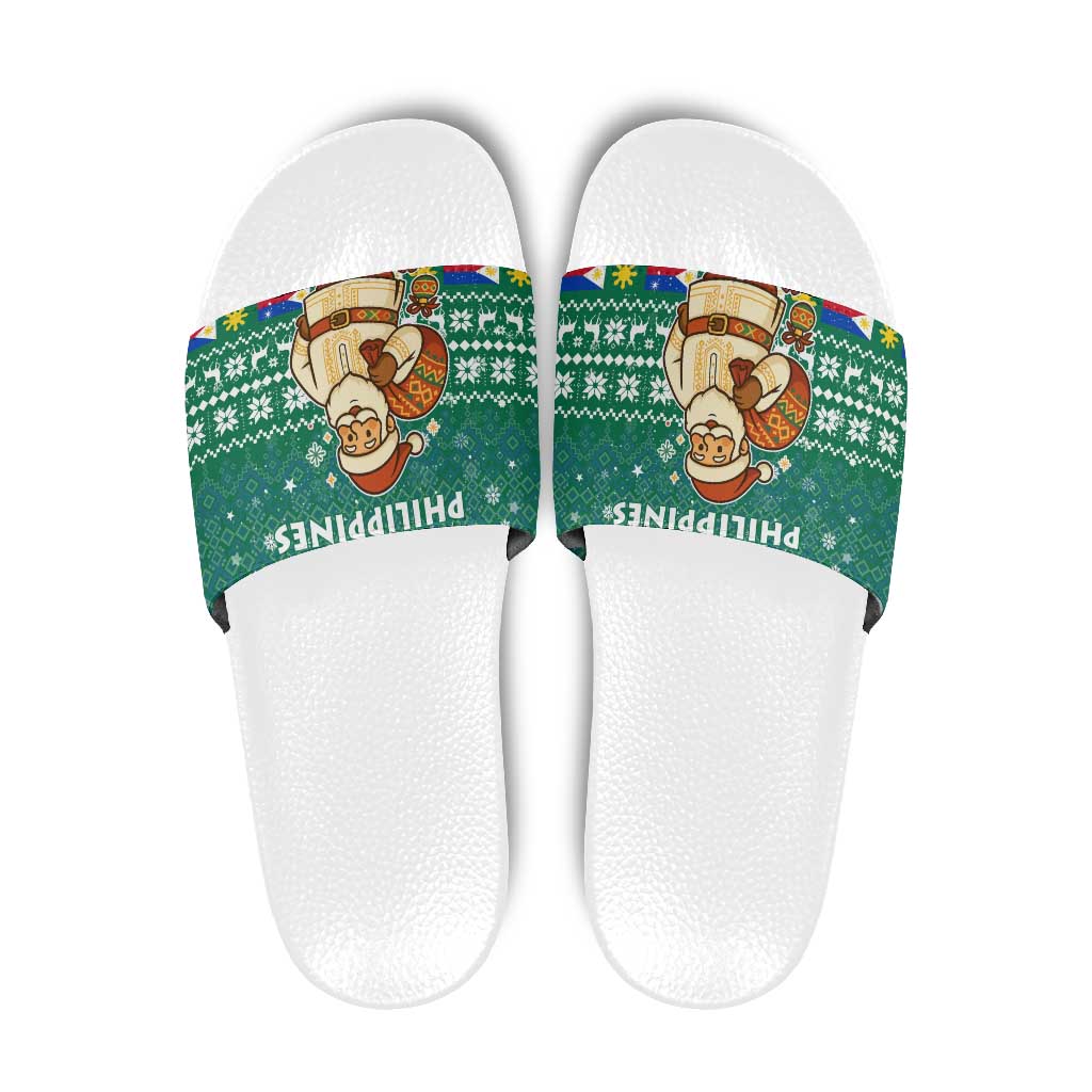 Philippines Christmas Slide Sandals with Green Geometric Design, Santa in Barong Tagalog, and National Coat of Arms Motif - Wonder Print Shop