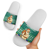 Philippines Christmas Slide Sandals with Green Geometric Design, Santa in Barong Tagalog, and National Coat of Arms Motif - Wonder Print Shop