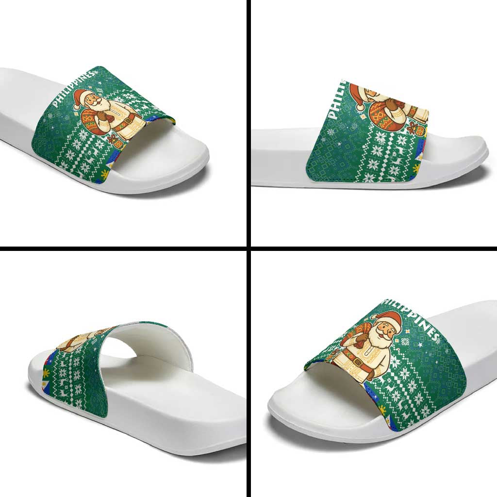 Philippines Christmas Slide Sandals with Green Geometric Design, Santa in Barong Tagalog, and National Coat of Arms Motif - Wonder Print Shop
