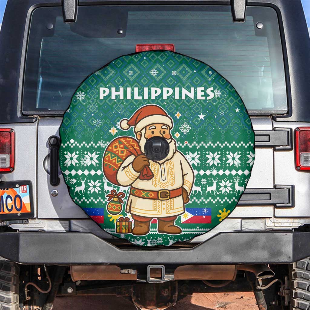 Philippines Christmas Spare Tire Cover with Green Geometric Design, Santa in Barong Tagalog, and National Coat of Arms Motif - Wonder Print Shop